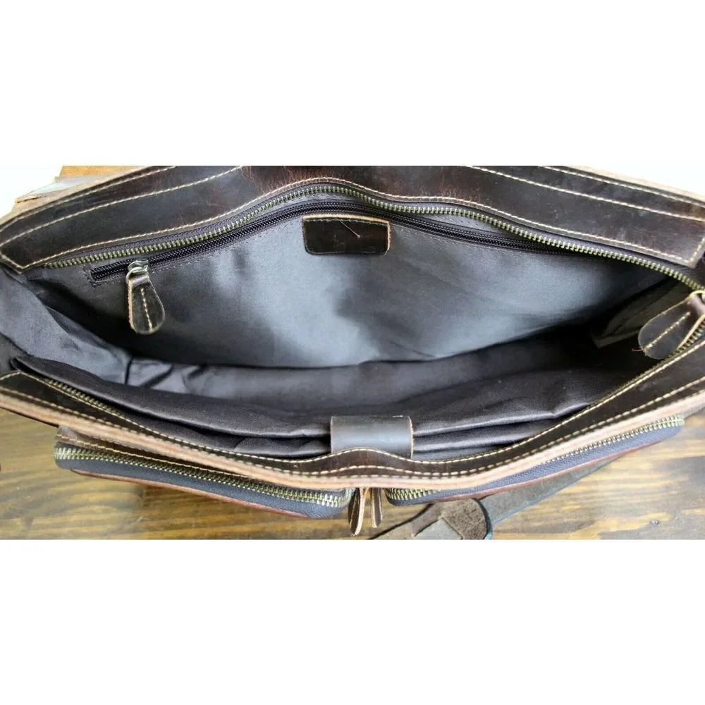 NATURAL WAX BROWN HEAVY GENUINE LEATHER BUSINESS SHOULDER BAG ATTACHE BRIEFCASE - Picture 10 of 11